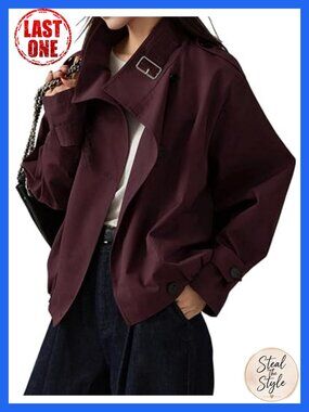 Cotton Blend Cropped Trench Jacket Funnel Neck Casual Fall Coat